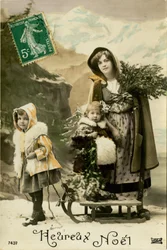 Família, com, um, sledge, francês, natal, cartão, (color, tinged, photo)